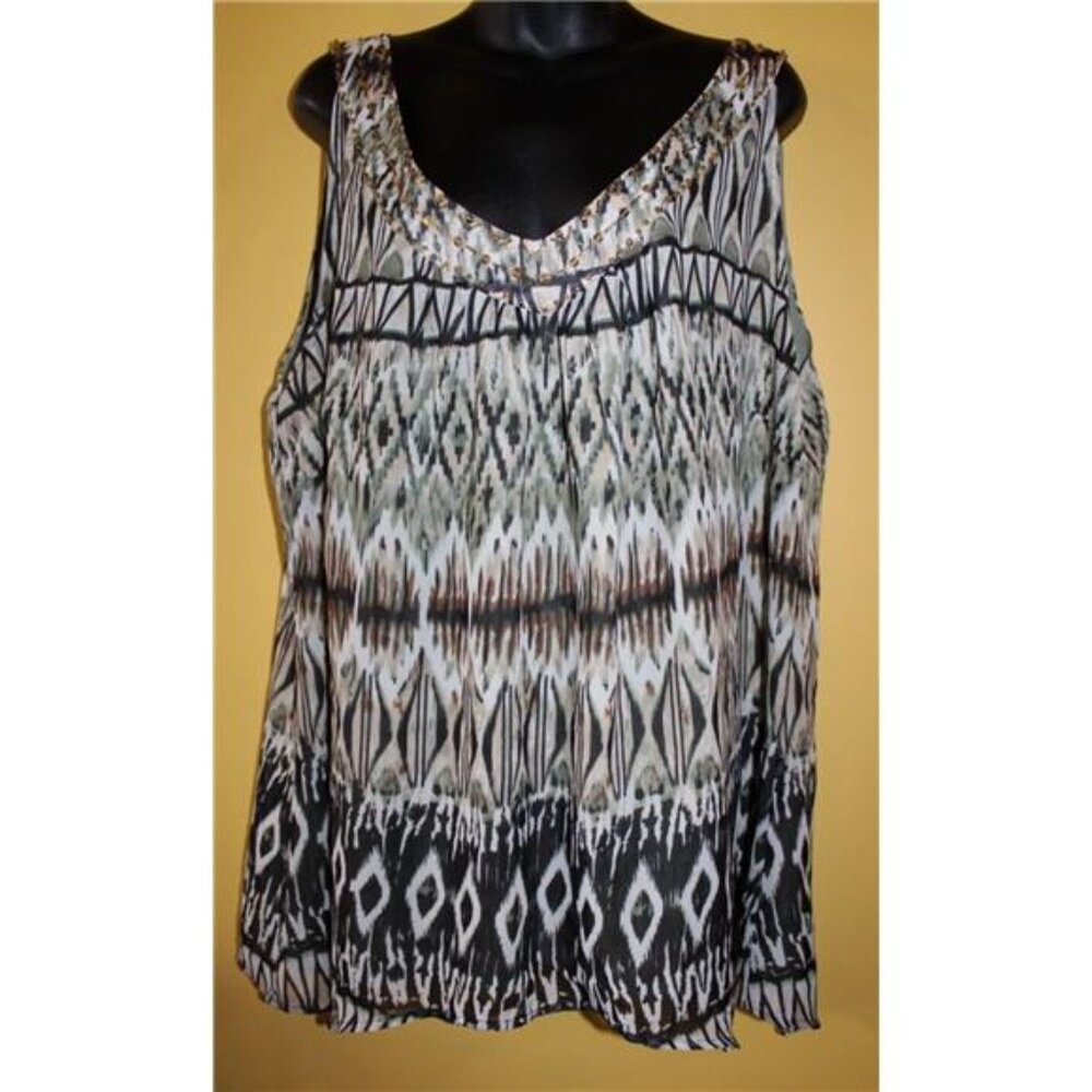 Avenue 22/24 Ikat Tribal Tank Handkerchief Hem 3x Beads at V Neckline